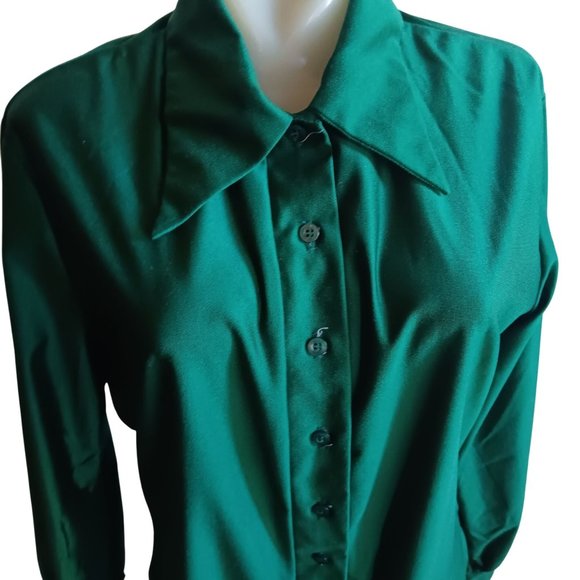 Women's Large Vintage 70's Green Long Sleeve Button-Up Bodysuit Pointed Collar - Picture 2 of 6